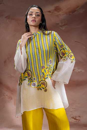 Shop_Soup By Sougat Paul_Yellow Linen Mandarin Collar Nooma Print Top Pant Set _Online_at_Aza_Fashions