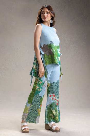 Soup By Sougat Paul_Blue Cotton, Twill High Neck Blume Print Top With Pant _Online_at_Aza_Fashions
