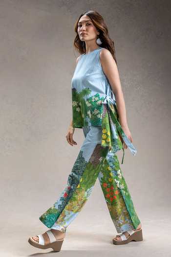 Buy_Soup By Sougat Paul_Blue Cotton, Twill High Neck Blume Print Top With Pant _Online_at_Aza_Fashions