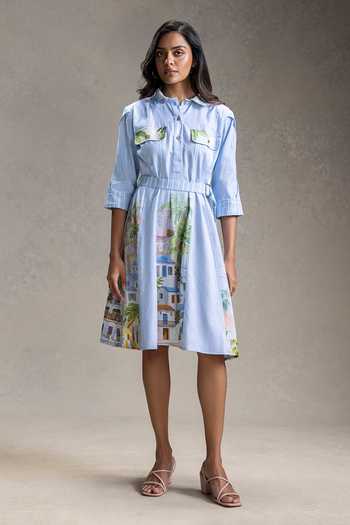 Soup By Sougat Paul_Blue Cotton, Twill Collared Blume Print Dress With Belt _Online_at_Aza_Fashions