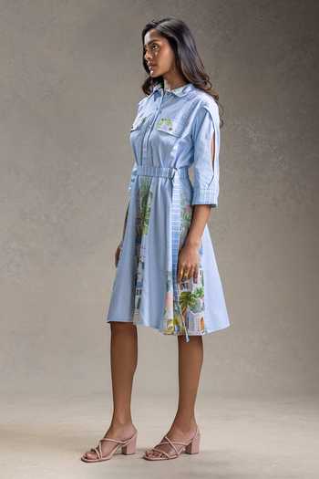 Buy_Soup By Sougat Paul_Blue Cotton, Twill Collared Blume Print Dress With Belt _Online_at_Aza_Fashions