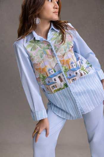 Soup By Sougat Paul_Blue Cotton, Twill Collared Reviera Print Shirt With Pant _Online_at_Aza_Fashions