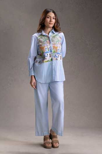 Buy_Soup By Sougat Paul_Blue Cotton, Twill Collared Reviera Print Shirt With Pant _Online_at_Aza_Fashions