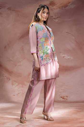 Buy_Soup By Sougat Paul_Pink Chanderi, Handloom Cotton V-neck, Yes, Kaia Embroidered Jacket Pant Set _Online_at_Aza_Fashions