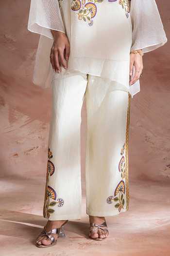 Soup By Sougat Paul_Beige Silk Mandarin Collar, Yes Nooma Print Tunic Trouser Set _Online_at_Aza_Fashions