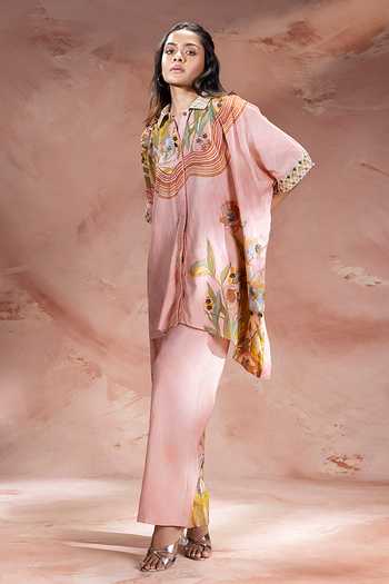 Buy Soup By Sougat Paul Pink Chanderi Mandarin Collar Zeya Pattern Kurta With Pant Online at Aza Fashions Buy_Soup By Sougat Paul_Pink Chanderi Mandarin Collar Zeya Pattern Kurta With Pant _Online_at_Aza_Fashions