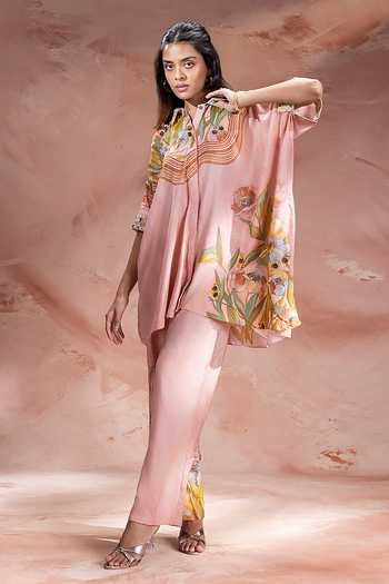Shop Soup By Sougat Paul Pink Chanderi Mandarin Collar Zeya Pattern Kurta With Pant Online at Aza Fashions Shop_Soup By Sougat Paul_Pink Chanderi Mandarin Collar Zeya Pattern Kurta With Pant _Online_at_Aza_Fashions