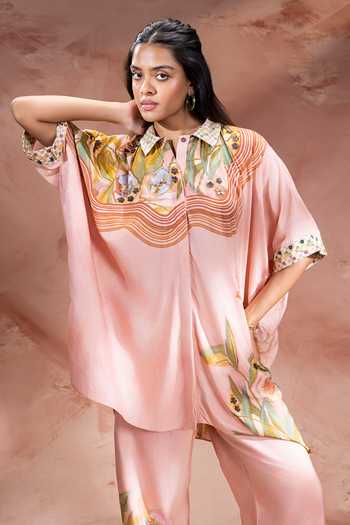 Soup By Sougat Paul Pink Chanderi Mandarin Collar Zeya Pattern Kurta With Pant at Aza Fashions Soup By Sougat Paul_Pink Chanderi Mandarin Collar Zeya Pattern Kurta With Pant _at_Aza_Fashions