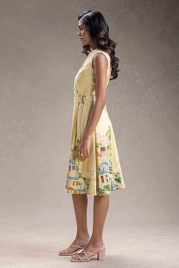 Soup By Sougat Paul_Yellow Cotton, Twill V-neck Reviera Print Dress _Online_at_Aza_Fashions