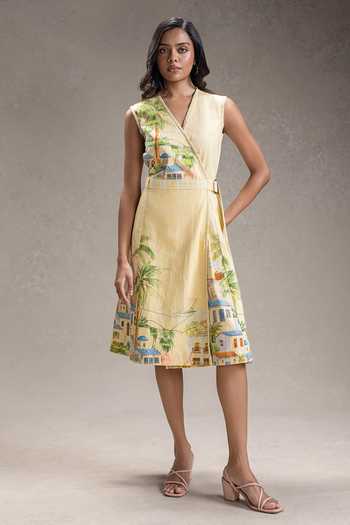 Buy_Soup By Sougat Paul_Yellow Cotton, Twill V-neck Reviera Print Dress _Online_at_Aza_Fashions