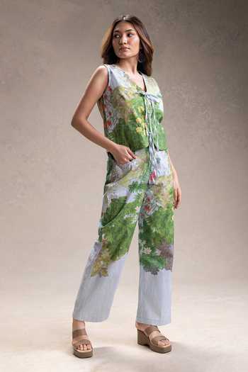 Buy_Soup By Sougat Paul_Blue Cotton, Twill V-neck Blume Print Top With Pant _Online_at_Aza_Fashions