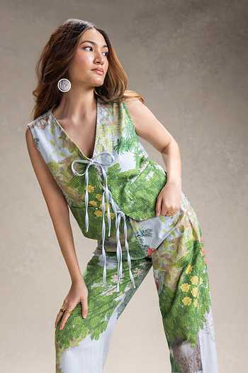 Shop_Soup By Sougat Paul_Blue Cotton, Twill V-neck Blume Print Top With Pant _Online_at_Aza_Fashions