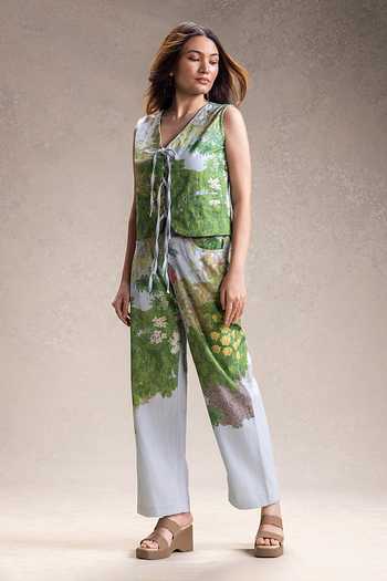 Soup By Sougat Paul_Blue Cotton, Twill V-neck Blume Print Top With Pant _at_Aza_Fashions