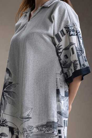 Soup By Sougat Paul_Grey Cotton, Twill Polo Collar Reviera Print Dress _Online_at_Aza_Fashions