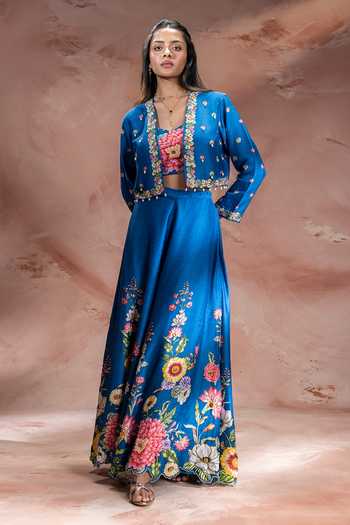 Buy_Soup By Sougat Paul_Teal Silk Sweetheart , Open Baghira Embroidered Jacket Skirt Set _Online_at_Aza_Fashions