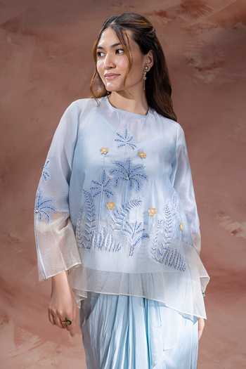 Shop_Soup By Sougat Paul_Blue Chanderi, Net Round Neck Alisa Embroidered Top Skirt Set _Online_at_Aza_Fashions