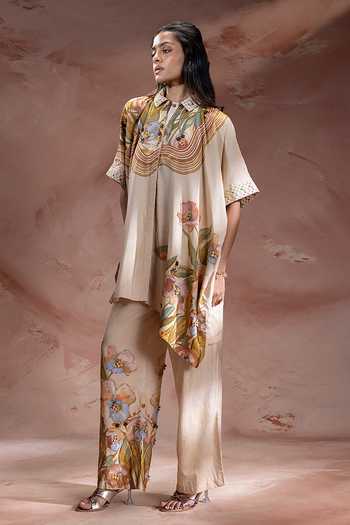 Soup By Sougat Paul_Beige Chanderi Collared Zeya Pattern Tunic With Pant _Online_at_Aza_Fashions