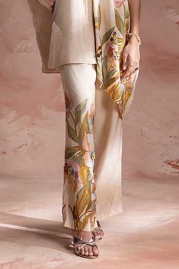 Buy_Soup By Sougat Paul_Beige Chanderi Collared Zeya Pattern Tunic With Pant _Online_at_Aza_Fashions