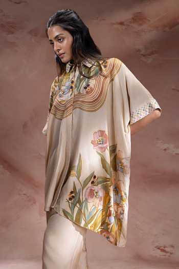 Shop_Soup By Sougat Paul_Beige Chanderi Collared Zeya Pattern Tunic With Pant _Online_at_Aza_Fashions