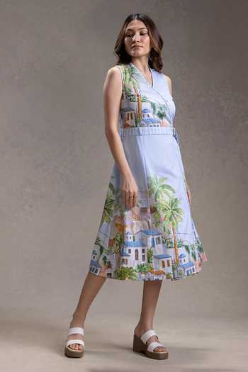 Soup By Sougat Paul_Blue Cotton, Twill V-neck Reviera Print Dress _Online_at_Aza_Fashions