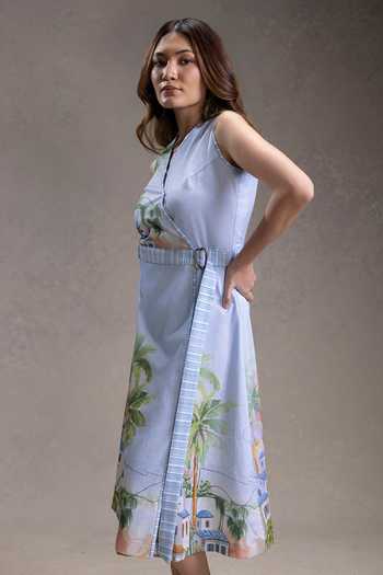 Buy_Soup By Sougat Paul_Blue Cotton, Twill V-neck Reviera Print Dress _Online_at_Aza_Fashions