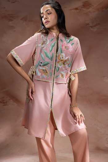 Buy_Soup By Sougat Paul_Pink Chanderi, Net Mandarin Collar, Yes Handloom Kurta And Pant Set _Online_at_Aza_Fashions