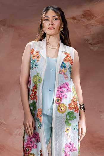 Soup By Sougat Paul_Sky Blue Chanderi, Net Shawl Neck Kaia Applique Jacket Pant Set _Online_at_Aza_Fashions