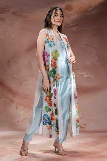 Buy_Soup By Sougat Paul_Sky Blue Chanderi, Net Shawl Neck Kaia Applique Jacket Pant Set _Online_at_Aza_Fashions