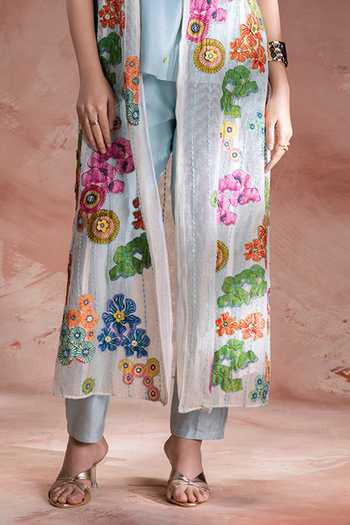 Shop_Soup By Sougat Paul_Sky Blue Chanderi, Net Shawl Neck Kaia Applique Jacket Pant Set _Online_at_Aza_Fashions