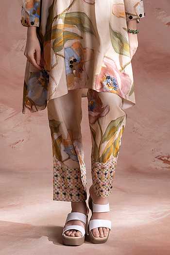 Soup By Sougat Paul_Beige Chanderi Split V-neck Zeya Embroidered Tunic With Pant _Online_at_Aza_Fashions