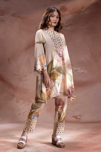 Buy_Soup By Sougat Paul_Beige Chanderi Split V-neck Zeya Embroidered Tunic With Pant _Online_at_Aza_Fashions