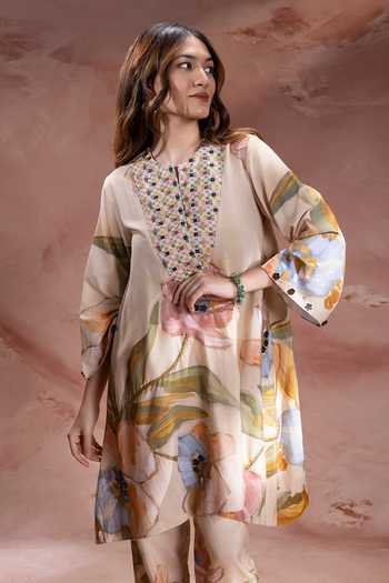 Shop_Soup By Sougat Paul_Beige Chanderi Split V-neck Zeya Embroidered Tunic With Pant _Online_at_Aza_Fashions