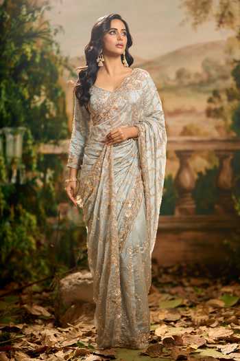 Buy Samyukta Singhania Blue Georgette Sweetheart Neck Heavy Embroidered Saree And Blouse Set Buy_Samyukta Singhania_Blue Georgette Sweetheart Neck Heavy Embroidered Saree And Blouse Set