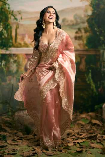 Shop Samyukta Singhania Pink Organza Sweetheart Neck Bead Sequined Saree And Blouse Set Online at Aza Fashions Shop_Samyukta Singhania_Pink Organza Sweetheart Neck Bead Sequined Saree And Blouse Set _Online_at_Aza_Fashions