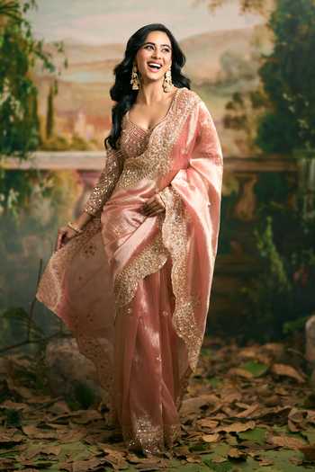 Samyukta Singhania Pink Organza Sweetheart Neck Bead Sequined Saree And Blouse Set at Aza Fashions Samyukta Singhania_Pink Organza Sweetheart Neck Bead Sequined Saree And Blouse Set _at_Aza_Fashions
