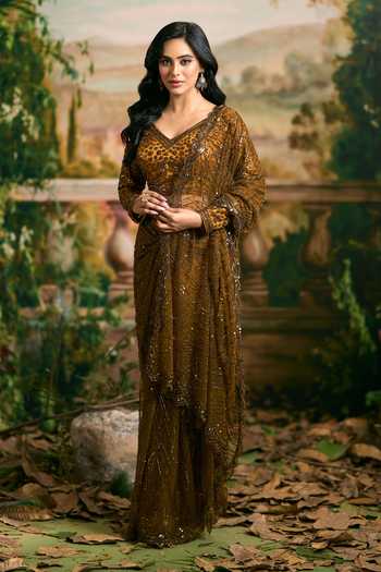 Buy Samyukta Singhania Gold Net V-neck Saree And Blouse Set Buy_Samyukta Singhania_Gold Net V-neck Saree And Blouse Set