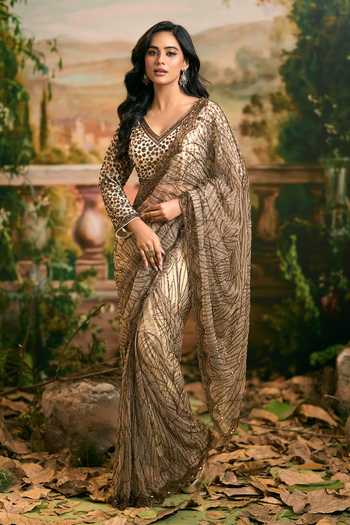 Buy Samyukta Singhania Gold Net V-neck Beaded Embellished Saree And Blouse Set Online at Aza Fashions Buy_Samyukta Singhania_Gold Net V-neck Beaded Embellished Saree And Blouse Set _Online_at_Aza_Fashions
