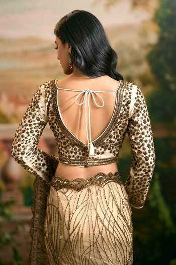 Shop Samyukta Singhania Gold Net V-neck Beaded Embellished Saree And Blouse Set Online at Aza Fashions Shop_Samyukta Singhania_Gold Net V-neck Beaded Embellished Saree And Blouse Set _Online_at_Aza_Fashions