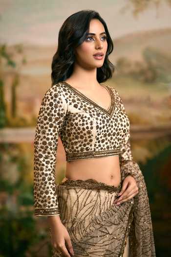 Buy Samyukta Singhania Gold Net V-neck Beaded Embellished Saree And Blouse Set Buy_Samyukta Singhania_Gold Net V-neck Beaded Embellished Saree And Blouse Set