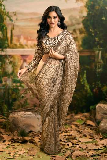 Shop Samyukta Singhania Gold Net V-neck Beaded Embellished Saree And Blouse Set Shop_Samyukta Singhania_Gold Net V-neck Beaded Embellished Saree And Blouse Set