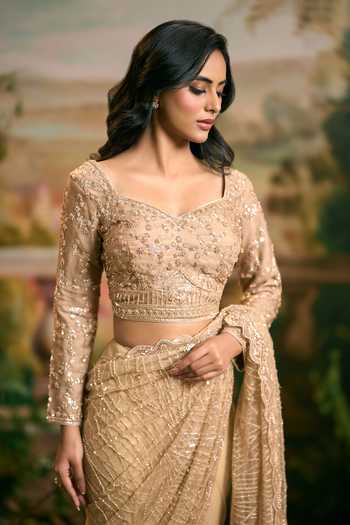 Buy_Samyukta Singhania_Beige Net Sweetheart Neck Beaded Saree And Blouse Set _Online_at_Aza_Fashions