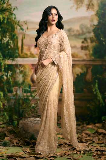 Shop_Samyukta Singhania_Beige Net Sweetheart Neck Beaded Saree And Blouse Set 