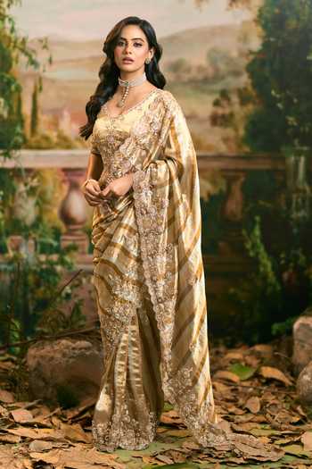 Buy_Samyukta Singhania_Gold Tissue V-neck Banarsi Saree And Blouse Set _Online_at_Aza_Fashions