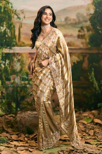 Shop_Samyukta Singhania_Gold Tissue V-neck Banarsi Saree And Blouse Set _Online_at_Aza_Fashions