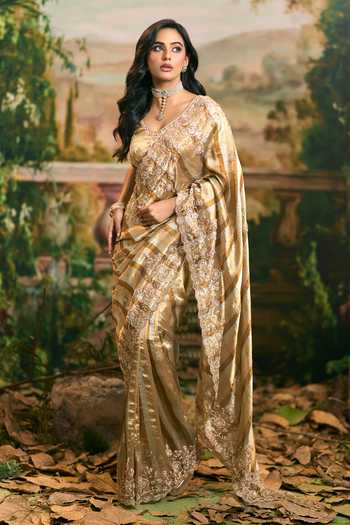 Shop_Samyukta Singhania_Gold Tissue V-neck Banarsi Saree And Blouse Set 