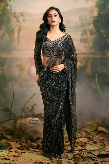 Buy_Samyukta Singhania_Black Net V-neck Sequin Embellished Saree And Blouse Set _Online_at_Aza_Fashions