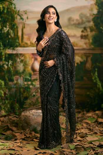 Samyukta Singhania_Black Net V-neck Sequin Embellished Saree And Blouse Set _at_Aza_Fashions