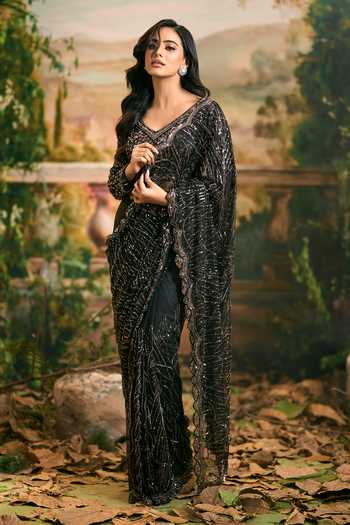 Shop_Samyukta Singhania_Black Net V-neck Sequin Embellished Saree And Blouse Set 
