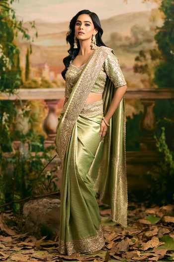 Shop_Samyukta Singhania_Green Sweetheart Neck Embroidered Banarasi Saree And Blouse Set _Online_at_Aza_Fashions