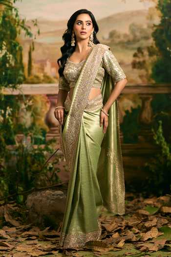 Shop_Samyukta Singhania_Green Sweetheart Neck Embroidered Banarasi Saree And Blouse Set 